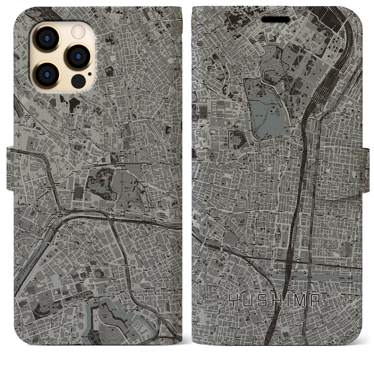 【湯島(東京都)】地図柄iPhoneケース(手帳タイプ)モノトーン・iPhone 12 Pro Max 用