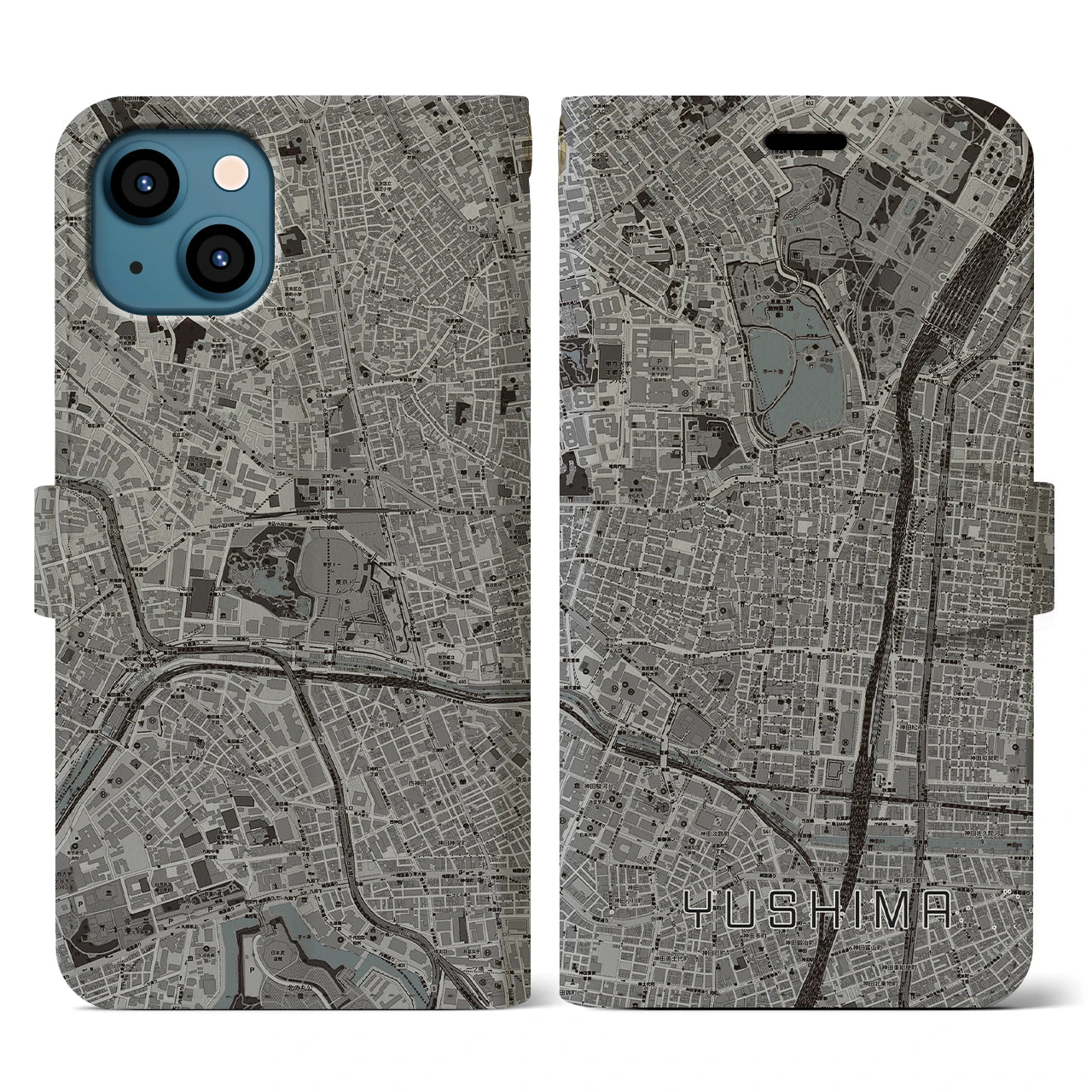 【湯島(東京都)】地図柄iPhoneケース(手帳タイプ)モノトーン・iPhone 13 用