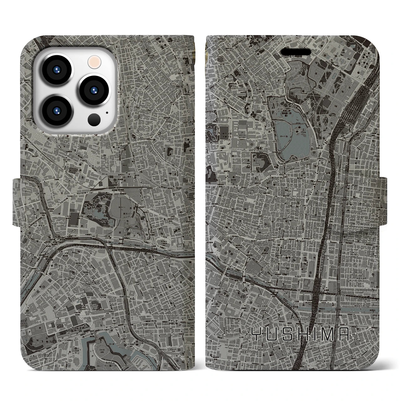 【湯島(東京都)】地図柄iPhoneケース(手帳タイプ)モノトーン・iPhone 13 Pro 用