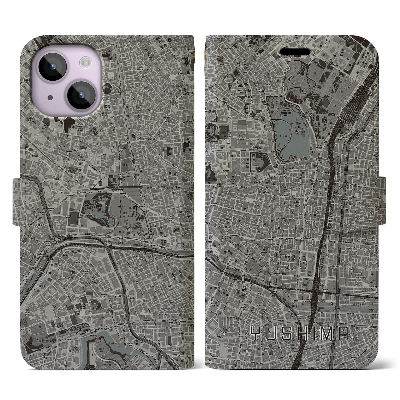 【湯島(東京都)】地図柄iPhoneケース(手帳タイプ)モノトーン・iPhone 14 用