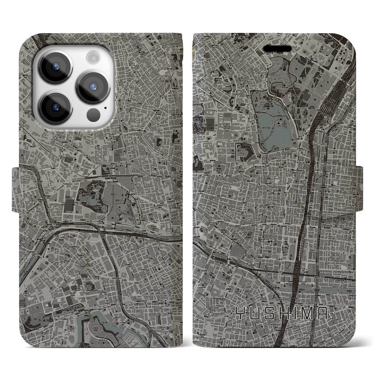 【湯島(東京都)】地図柄iPhoneケース(手帳タイプ)モノトーン・iPhone 14 Pro 用