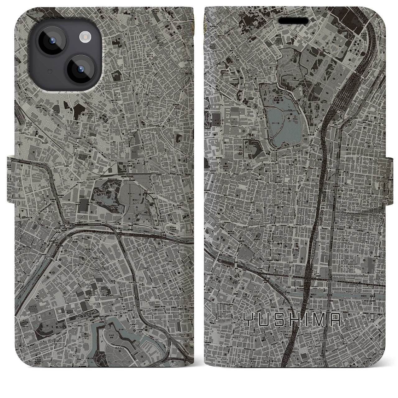 【湯島(東京都)】地図柄iPhoneケース(手帳タイプ)モノトーン・iPhone 14 Plus 用