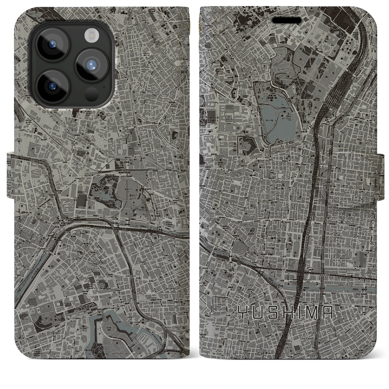 【湯島(東京都)】地図柄iPhoneケース(手帳タイプ)モノトーン・iPhone 15 Pro Max 用