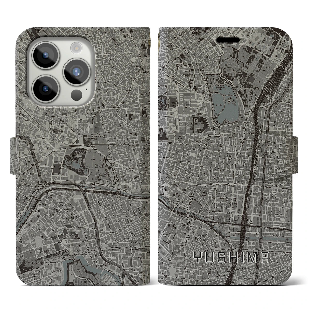 【湯島(東京都)】地図柄iPhoneケース(手帳タイプ)モノトーン・iPhone 15 Pro 用