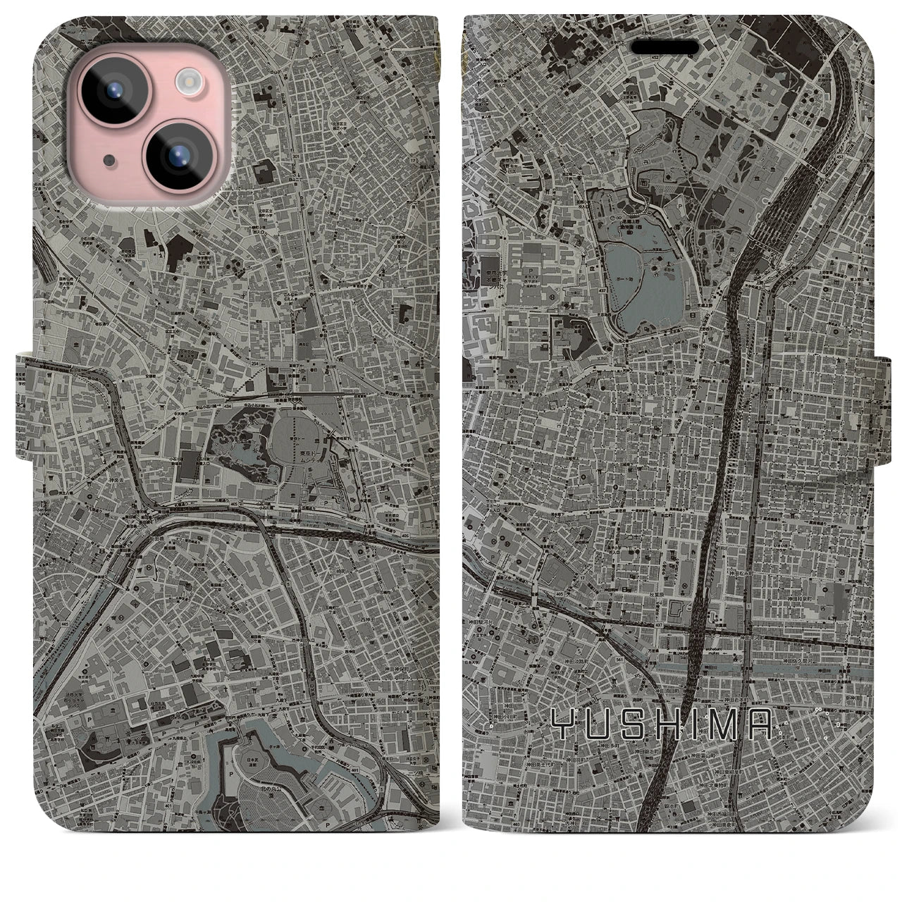 【湯島(東京都)】地図柄iPhoneケース(手帳タイプ)モノトーン・iPhone 15 Plus 用