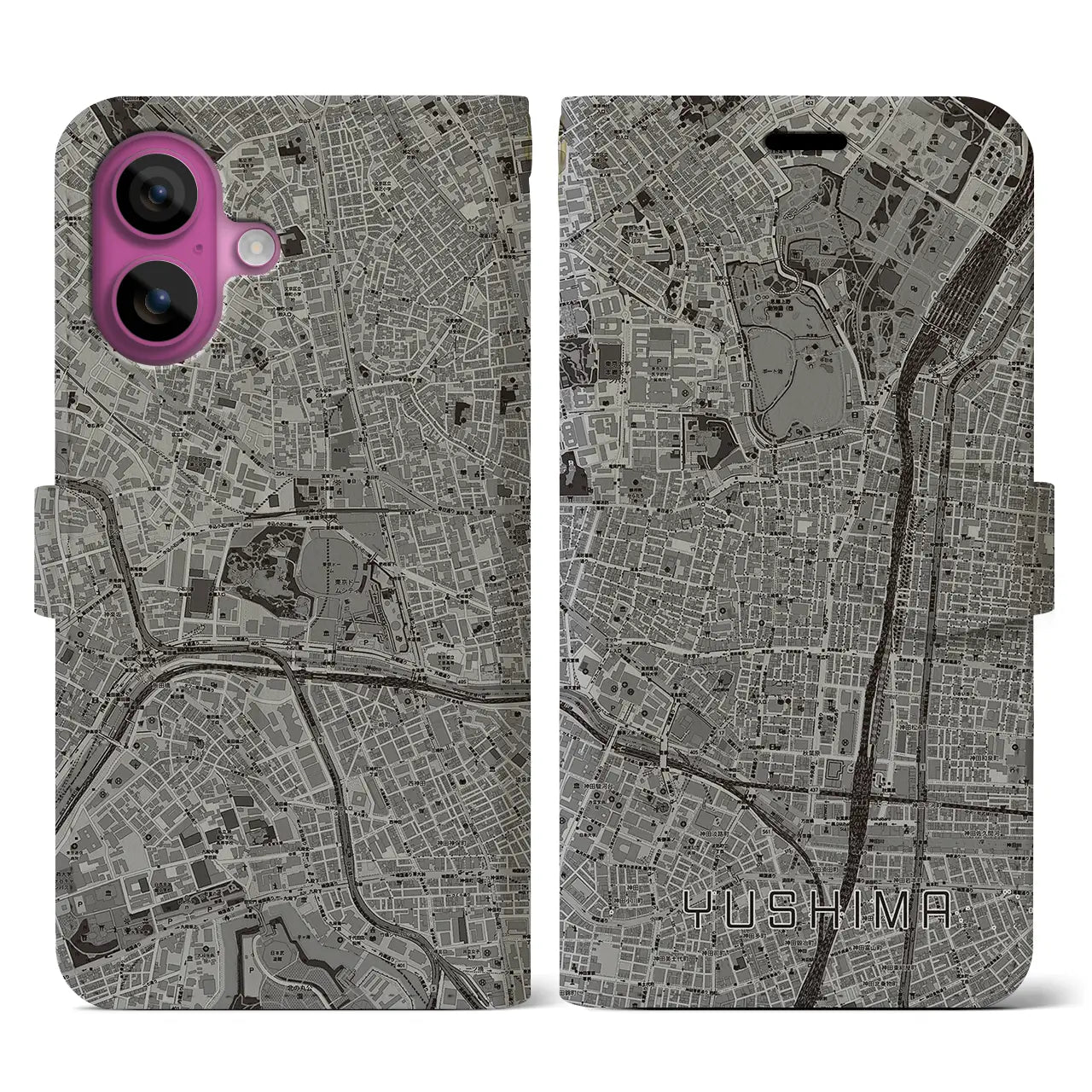 【湯島(東京都)】地図柄iPhoneケース(手帳タイプ)モノトーン・iPhone 16 Pro 用