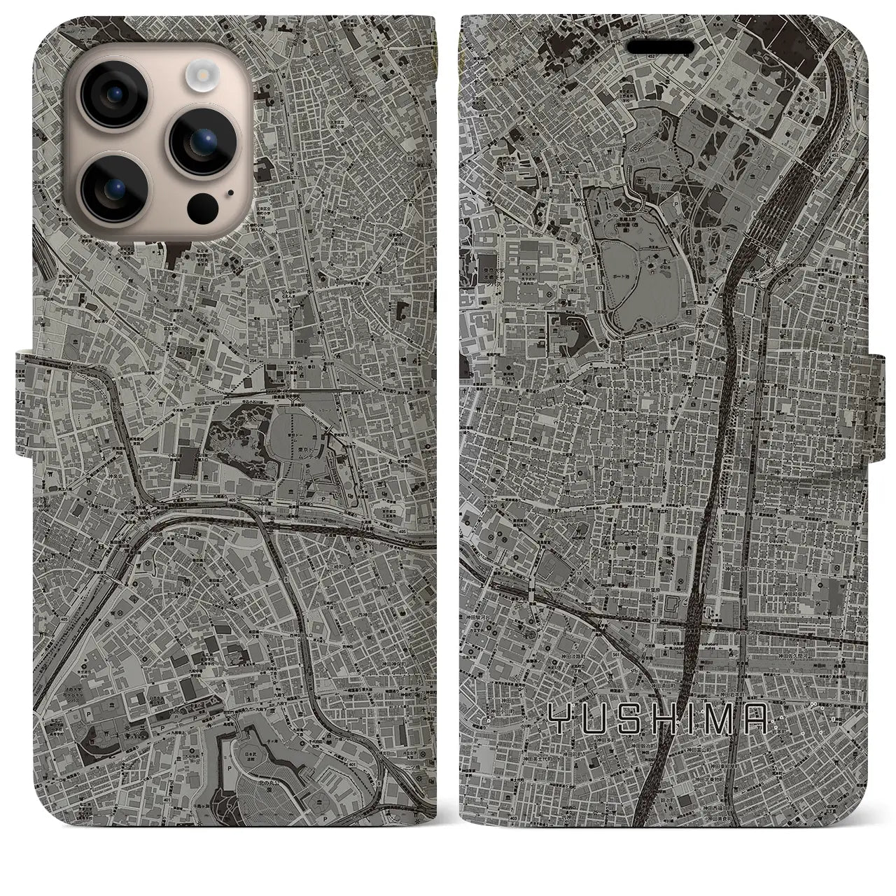 【湯島(東京都)】地図柄iPhoneケース(手帳タイプ)モノトーン・iPhone 16 Plus 用