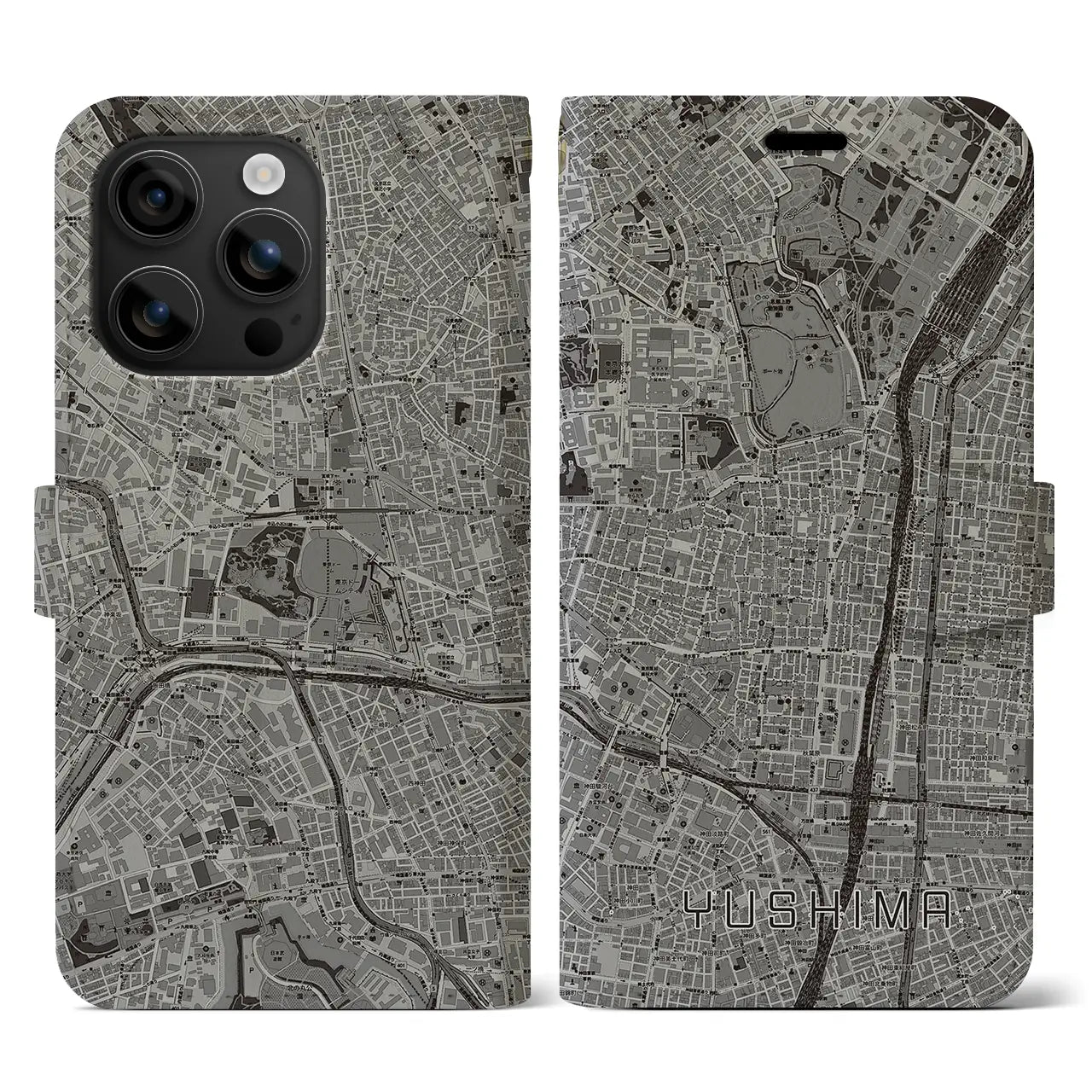 【湯島(東京都)】地図柄iPhoneケース(手帳タイプ)モノトーン・iPhone 16 用