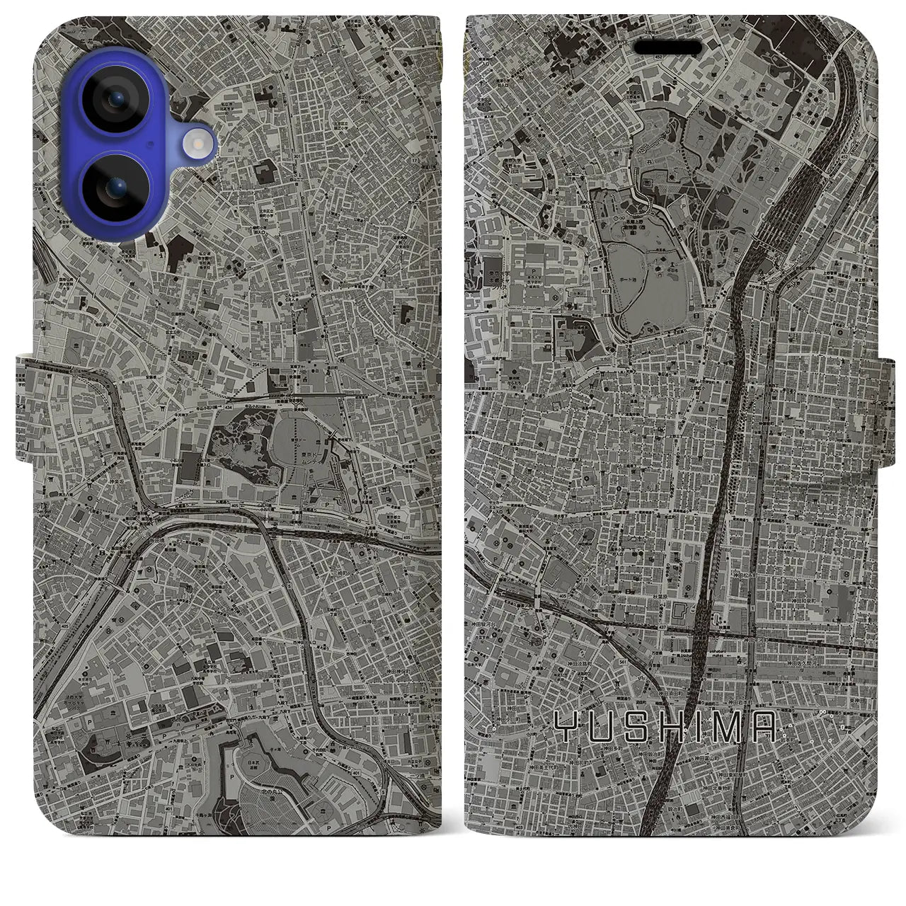 【湯島(東京都)】地図柄iPhoneケース(手帳タイプ)モノトーン・iPhone 16 Pro Max 用