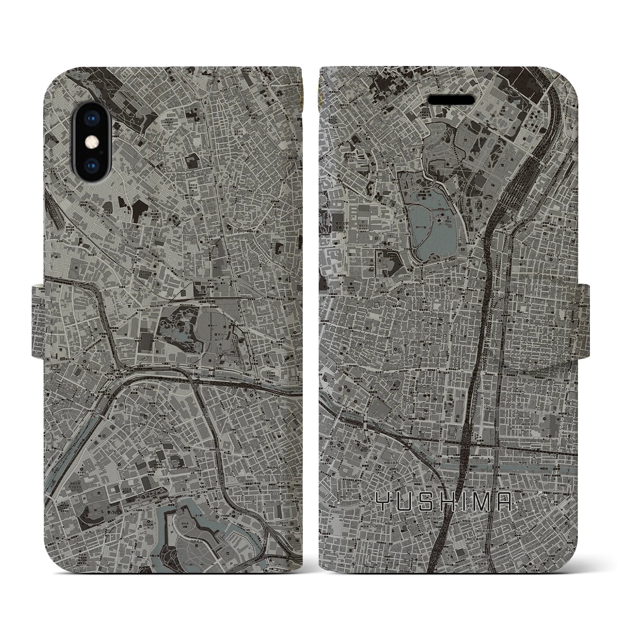 【湯島(東京都)】地図柄iPhoneケース(手帳タイプ)モノトーン・iPhone XS / X 用
