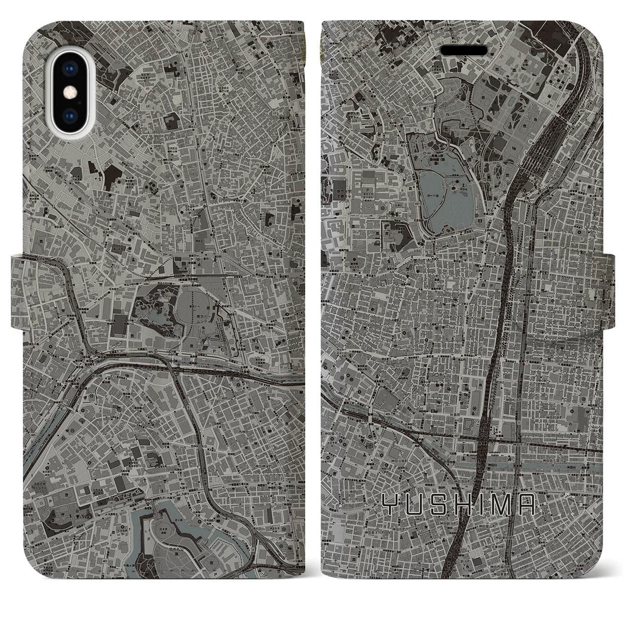 【湯島(東京都)】地図柄iPhoneケース(手帳タイプ)モノトーン・iPhone XS Max 用