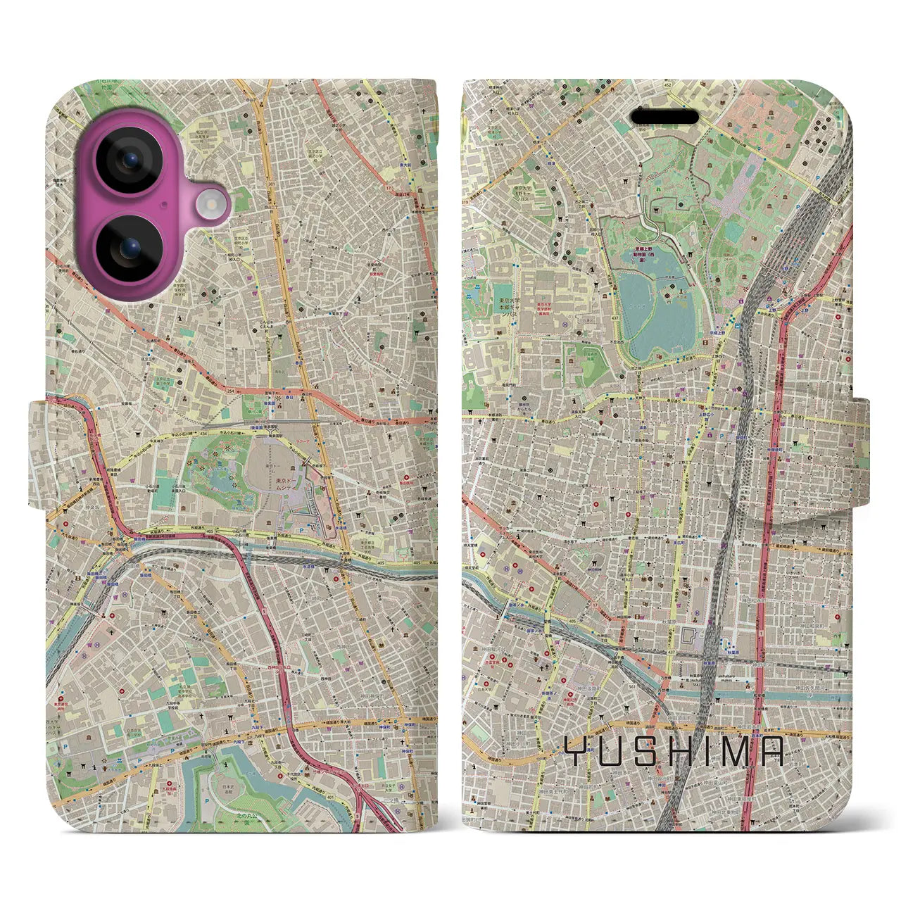 【湯島(東京都)】地図柄iPhoneケース(手帳タイプ)ナチュラル・iPhone 16 Pro 用