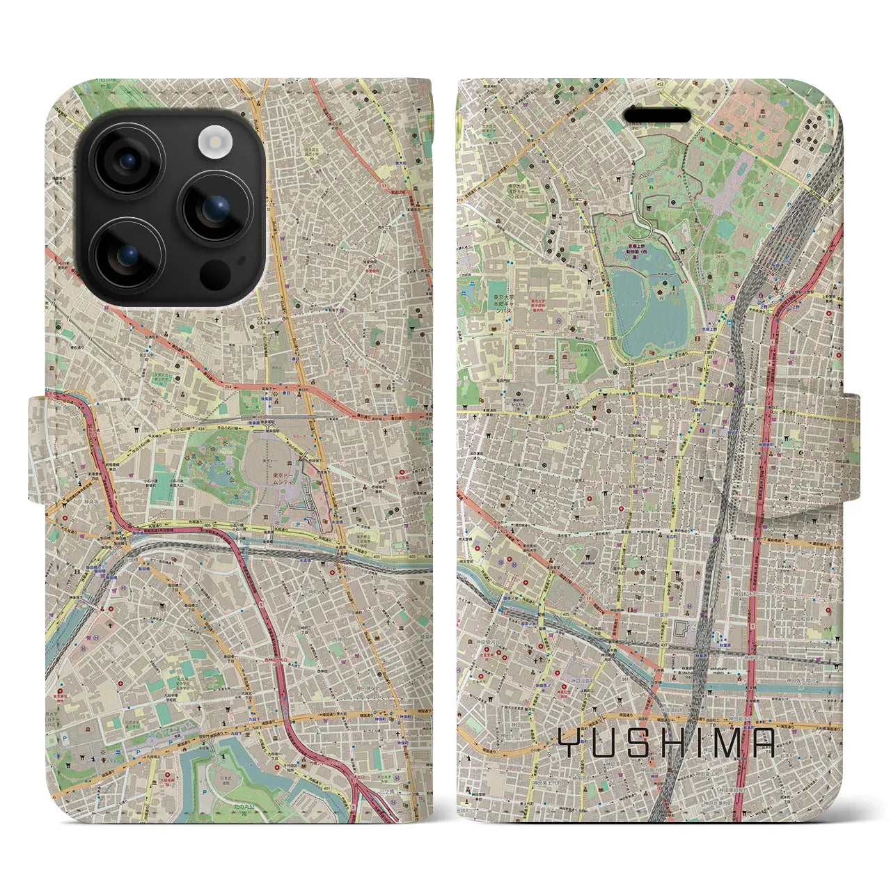 【湯島(東京都)】地図柄iPhoneケース(手帳タイプ)ナチュラル・iPhone 16 用