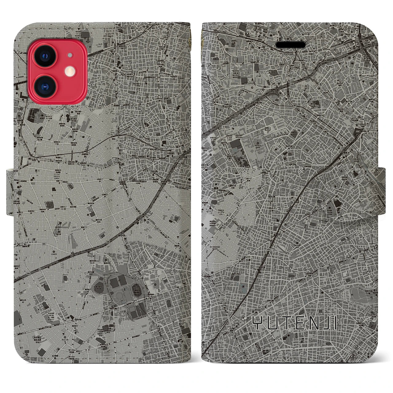 【祐天寺(東京都)】地図柄iPhoneケース(手帳タイプ)モノトーン・iPhone 11 用