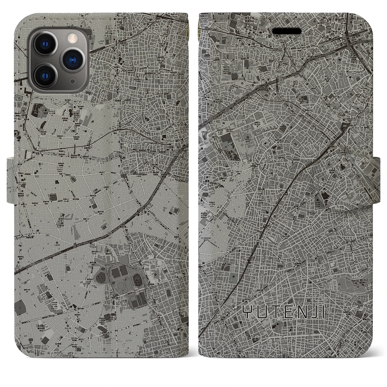 【祐天寺(東京都)】地図柄iPhoneケース(手帳タイプ)モノトーン・iPhone 11 Pro Max 用