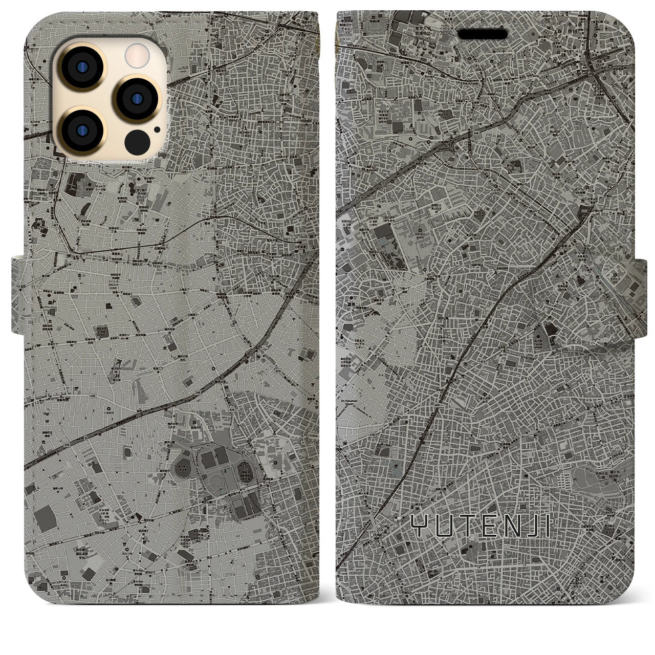 【祐天寺(東京都)】地図柄iPhoneケース(手帳タイプ)モノトーン・iPhone 12 Pro Max 用