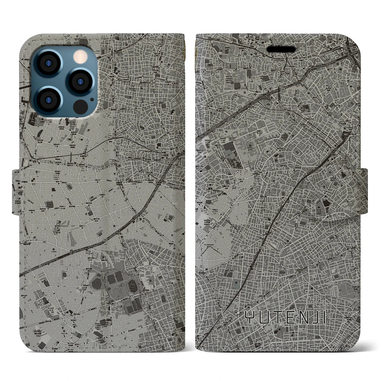 【祐天寺(東京都)】地図柄iPhoneケース(手帳タイプ)モノトーン・iPhone 12 / 12 Pro 用