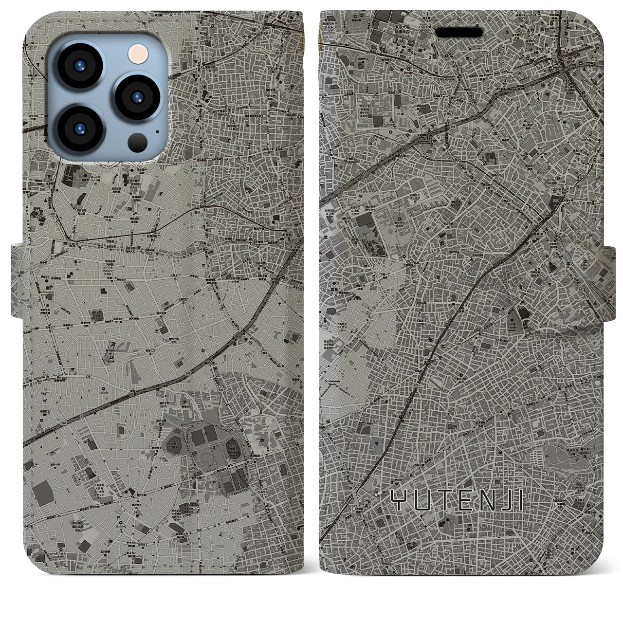 【祐天寺(東京都)】地図柄iPhoneケース(手帳タイプ)モノトーン・iPhone 13 Pro Max 用