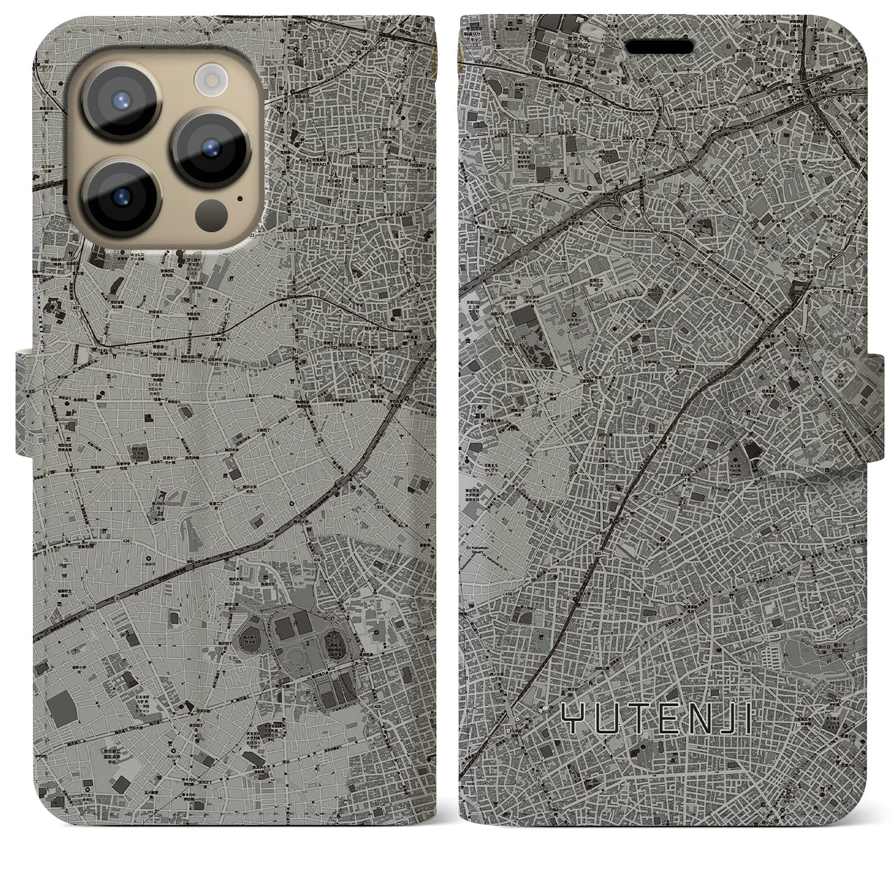 【祐天寺(東京都)】地図柄iPhoneケース(手帳タイプ)モノトーン・iPhone 14 Pro Max 用