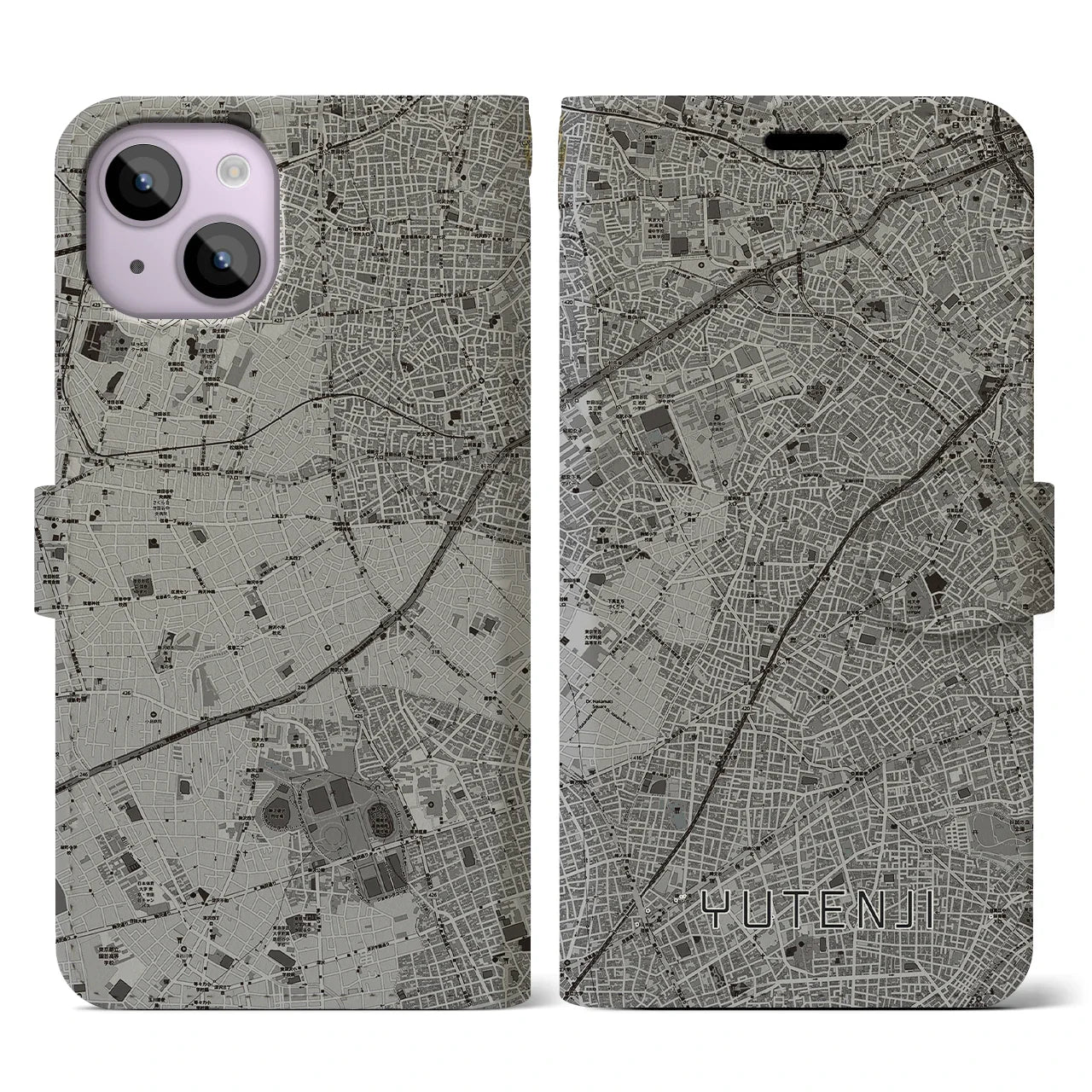 【祐天寺(東京都)】地図柄iPhoneケース(手帳タイプ)モノトーン・iPhone 14 用