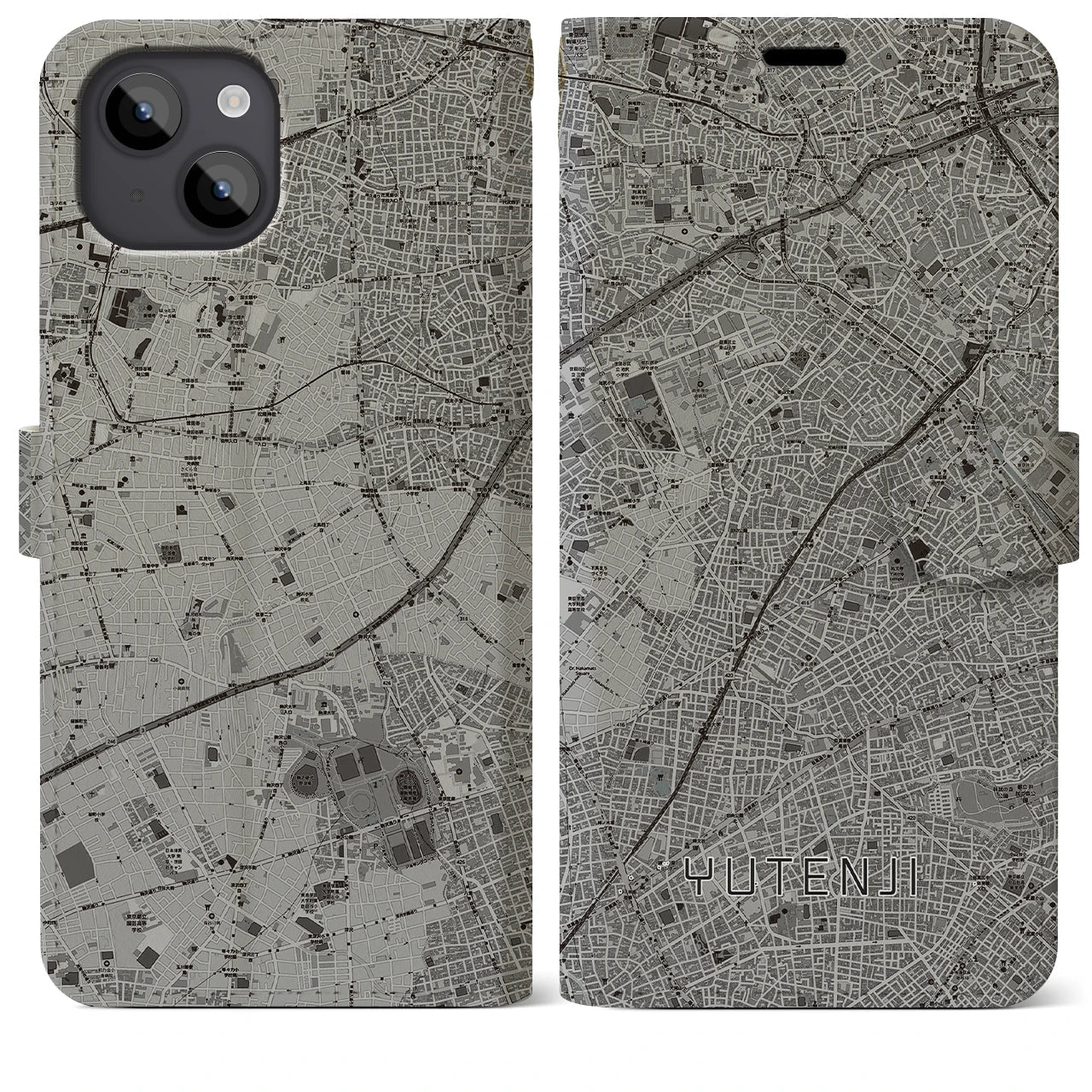 【祐天寺(東京都)】地図柄iPhoneケース(手帳タイプ)モノトーン・iPhone 14 Plus 用