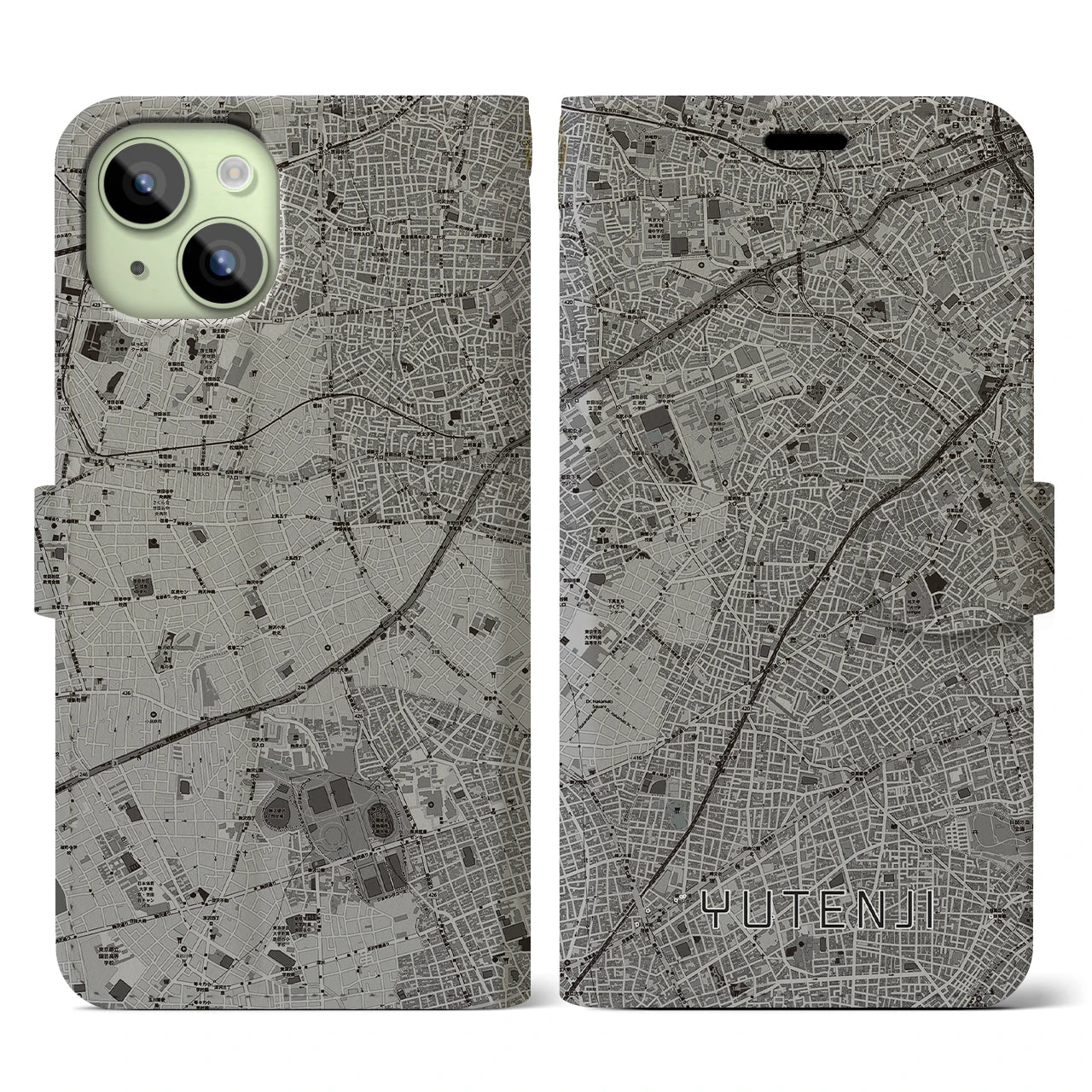 【祐天寺(東京都)】地図柄iPhoneケース(手帳タイプ)モノトーン・iPhone 15 用