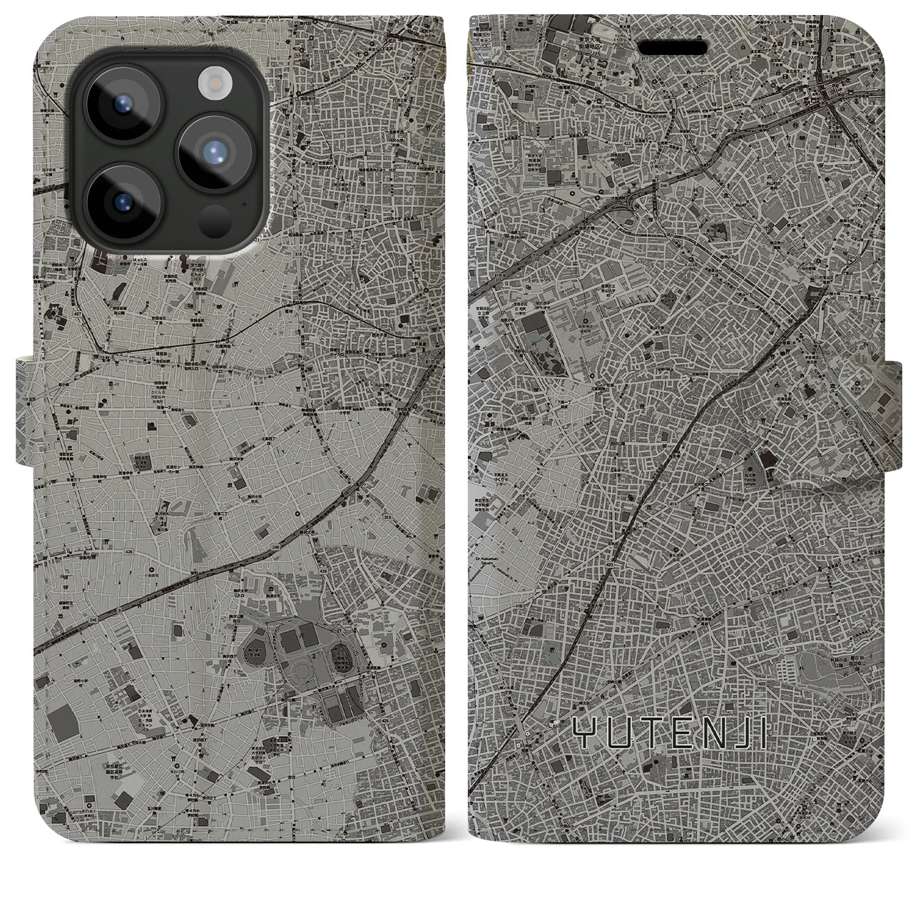 【祐天寺(東京都)】地図柄iPhoneケース(手帳タイプ)モノトーン・iPhone 15 Pro Max 用