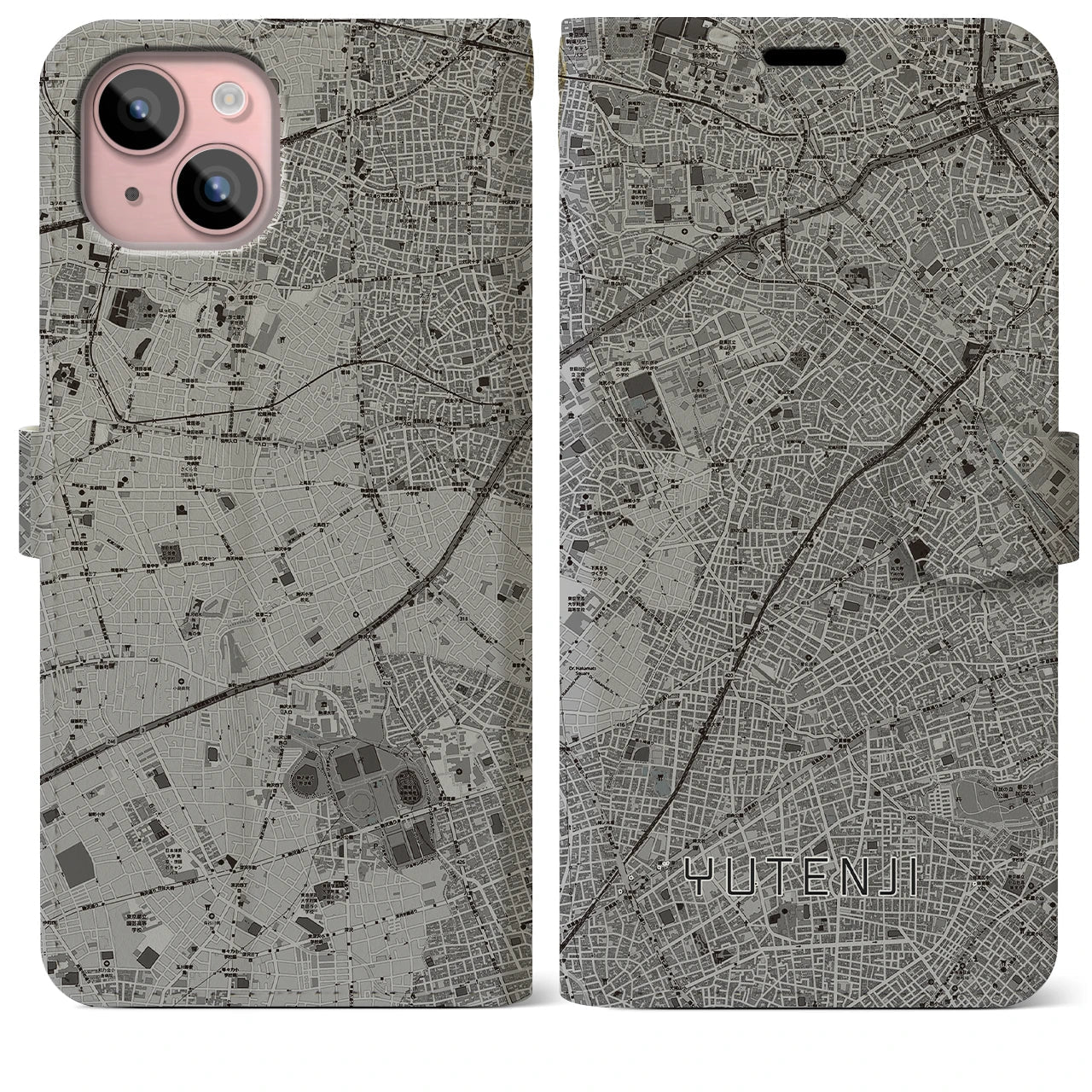 【祐天寺(東京都)】地図柄iPhoneケース(手帳タイプ)モノトーン・iPhone 15 Plus 用