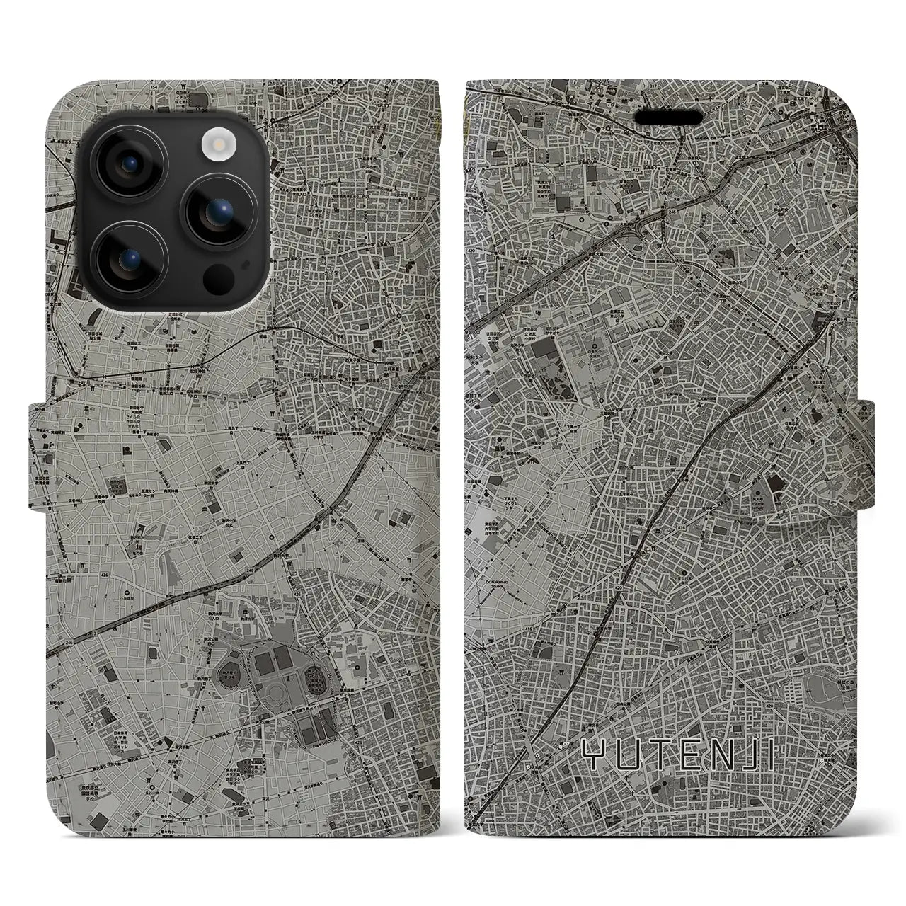 【祐天寺(東京都)】地図柄iPhoneケース(手帳タイプ)モノトーン・iPhone 16 用