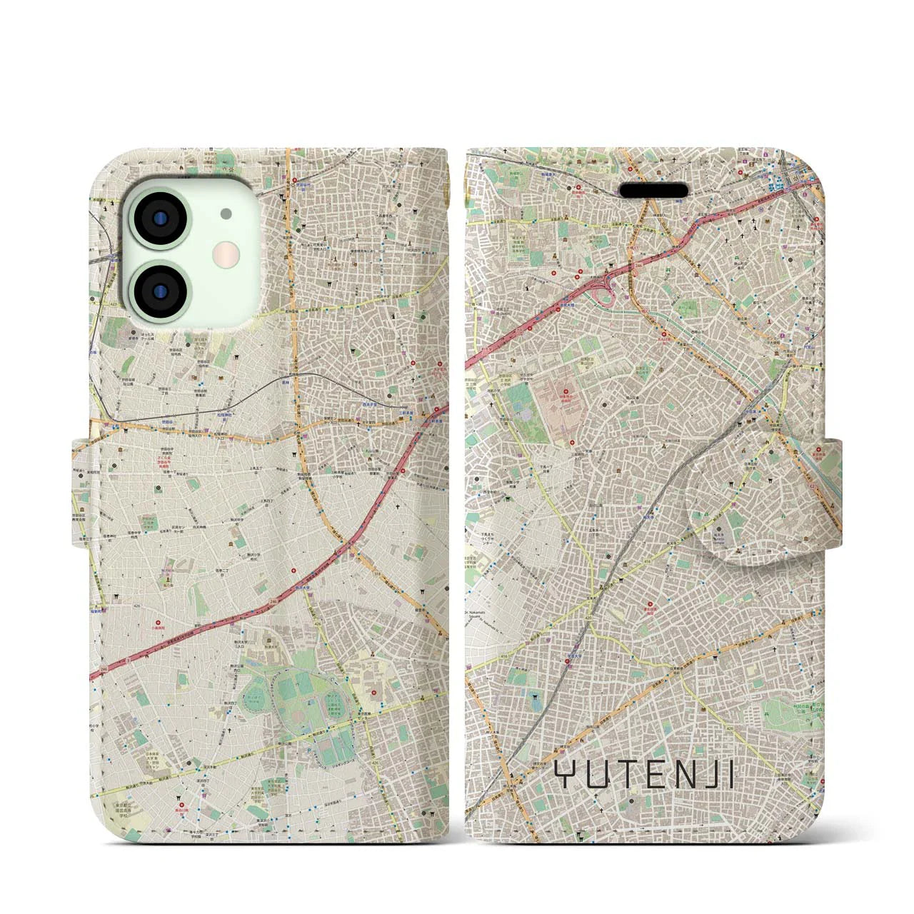【祐天寺(東京都)】地図柄iPhoneケース(手帳タイプ)ナチュラル・iPhone 12 mini 用