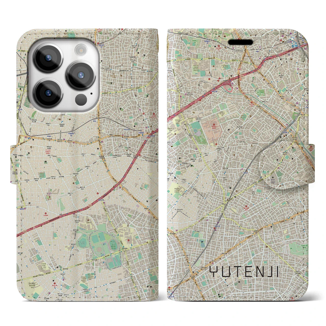 【祐天寺(東京都)】地図柄iPhoneケース(手帳タイプ)ナチュラル・iPhone 14 Pro 用