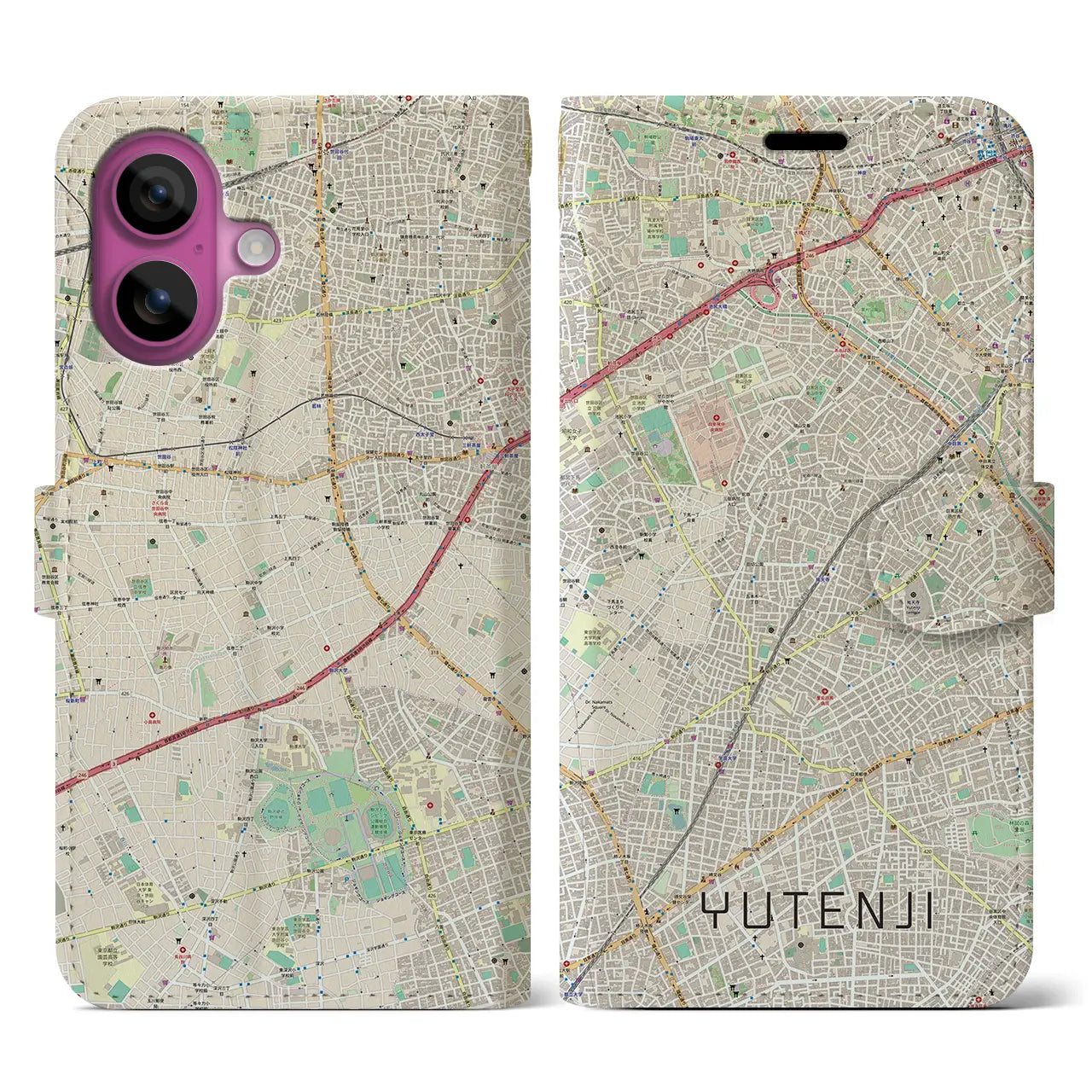 【祐天寺(東京都)】地図柄iPhoneケース(手帳タイプ)ナチュラル・iPhone 16 Pro 用