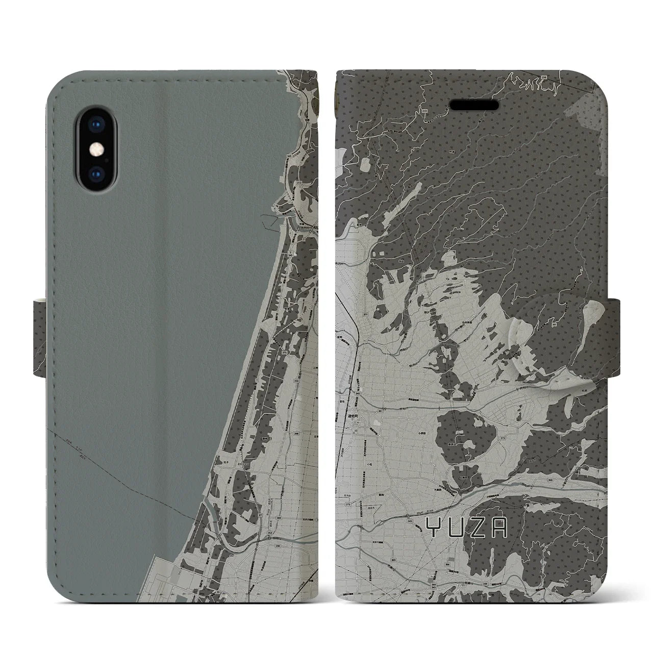 【遊佐(山形県)】地図柄iPhoneケース(手帳タイプ)モノトーン・iPhone XS / X 用