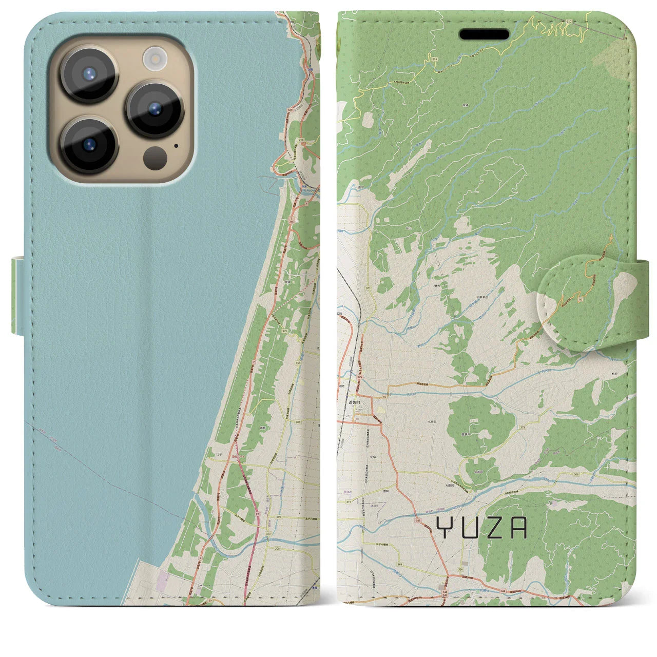 【遊佐(山形県)】地図柄iPhoneケース(手帳タイプ)ナチュラル・iPhone 14 Pro Max 用