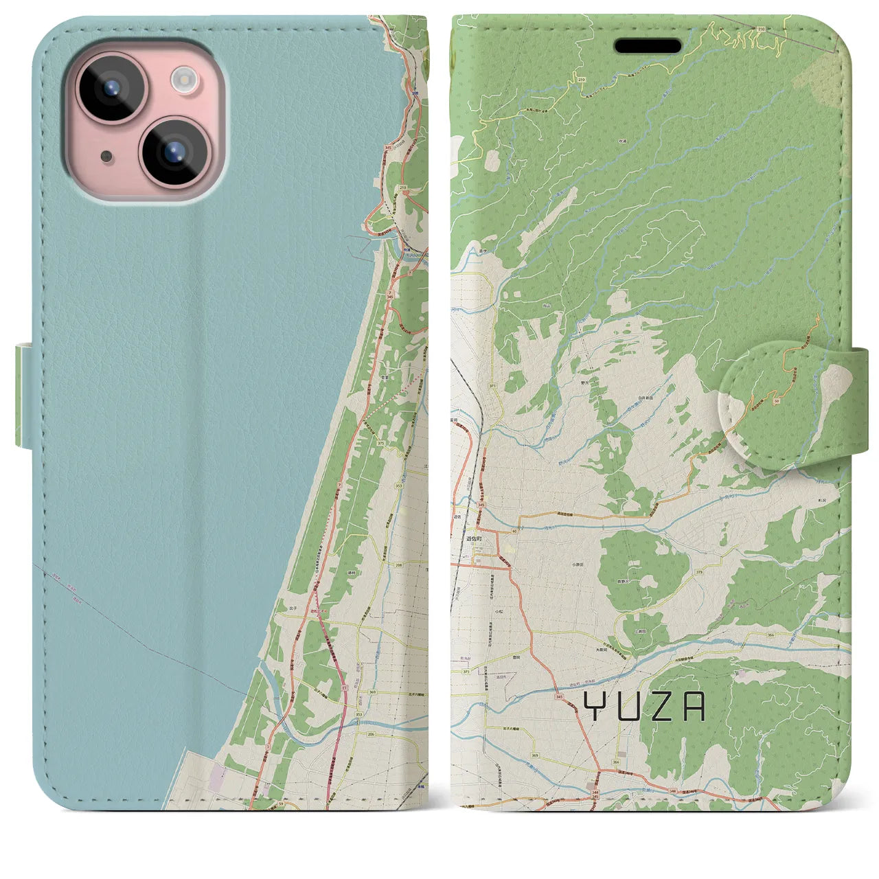 【遊佐(山形県)】地図柄iPhoneケース(手帳タイプ)ナチュラル・iPhone 15 Plus 用
