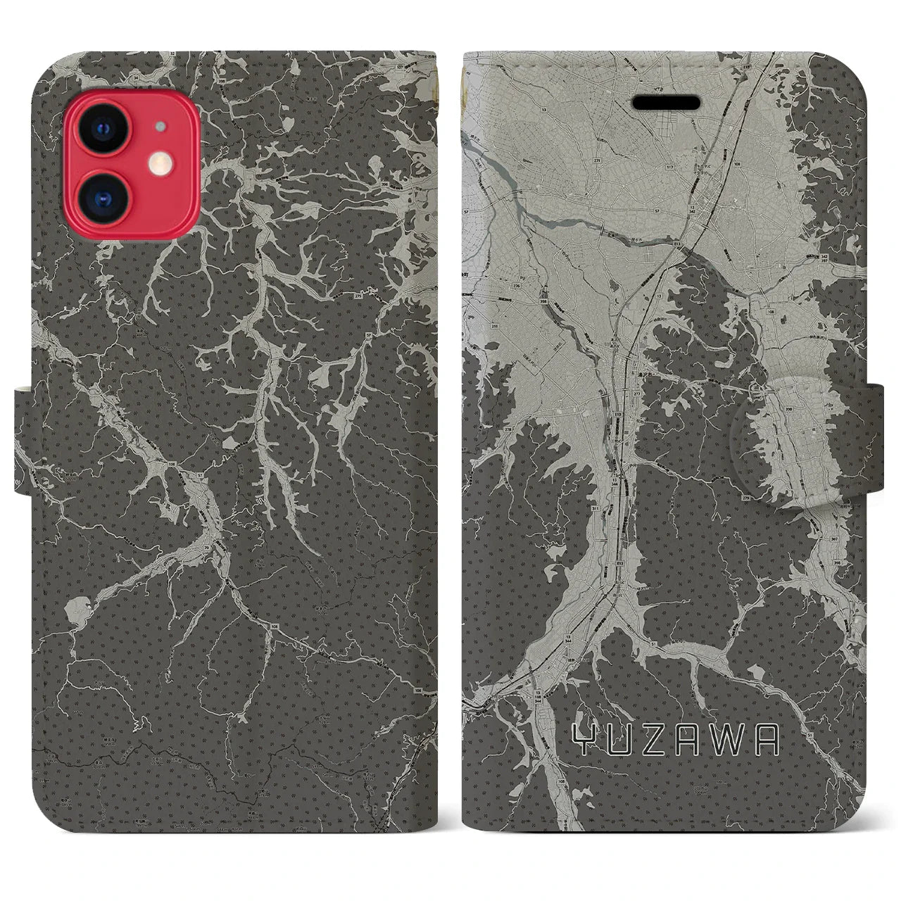 【湯沢(秋田県)】地図柄iPhoneケース(手帳タイプ)モノトーン・iPhone 11 用
