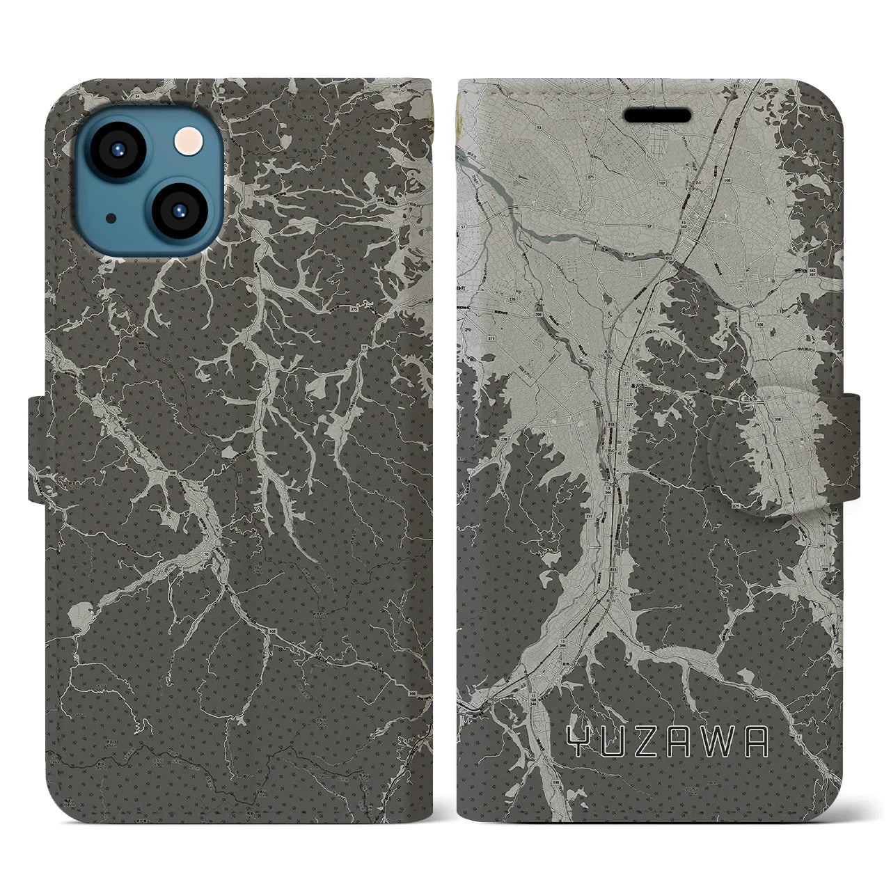 【湯沢(秋田県)】地図柄iPhoneケース(手帳タイプ)モノトーン・iPhone 13 用