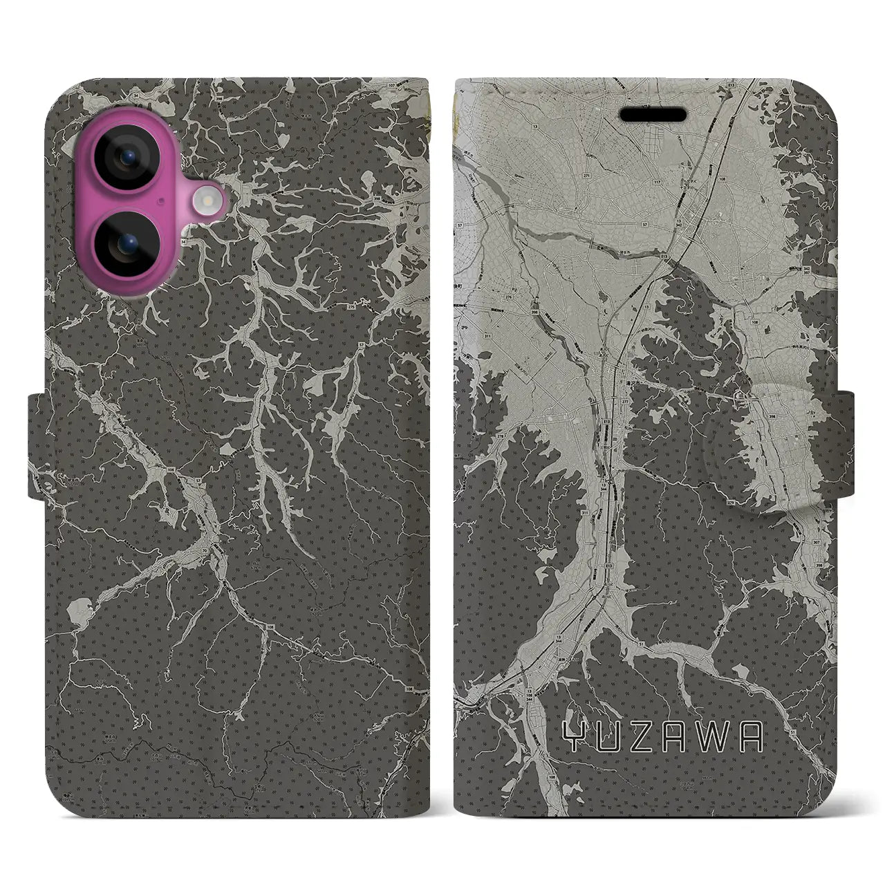 【湯沢(秋田県)】地図柄iPhoneケース(手帳タイプ)モノトーン・iPhone 16 Pro 用