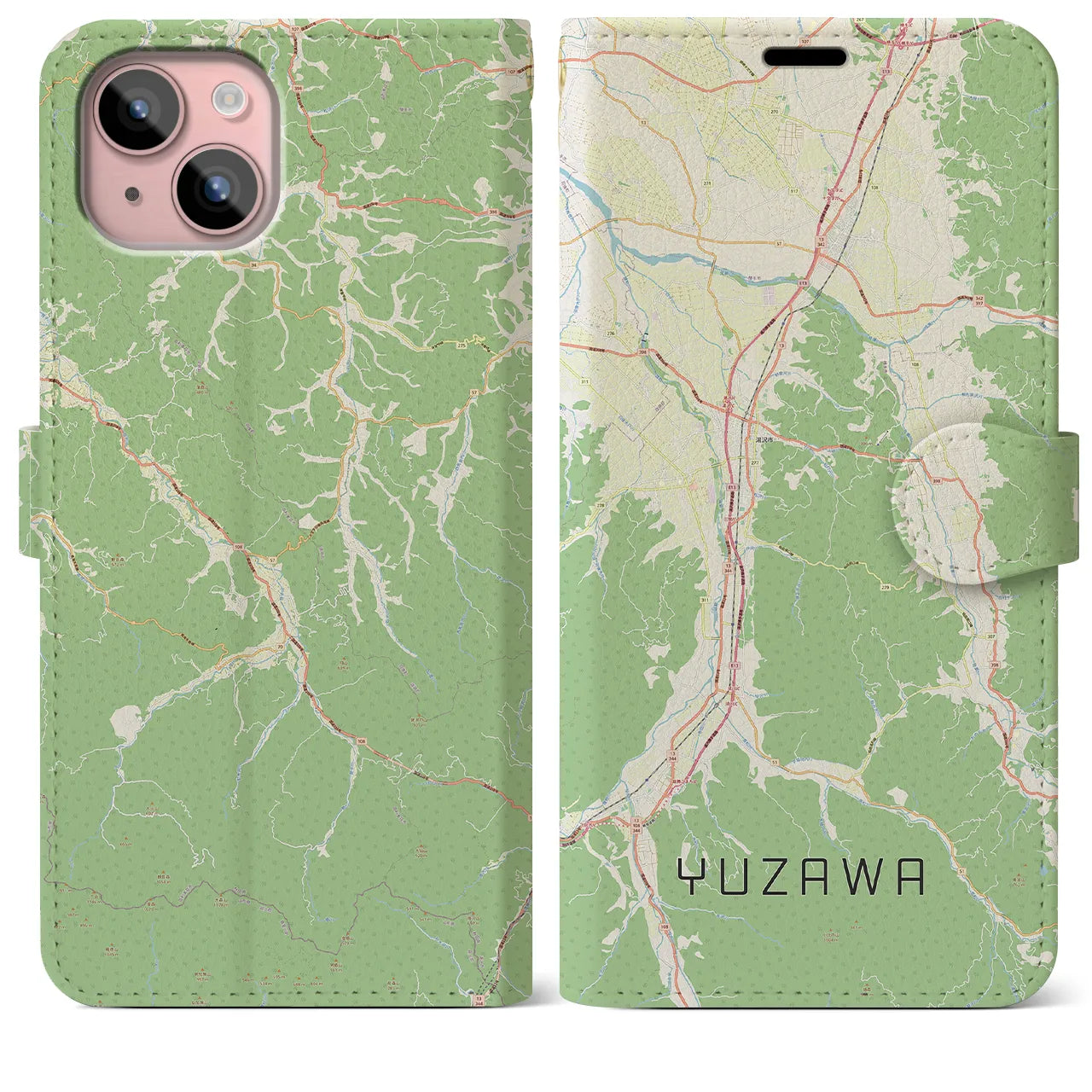 【湯沢(秋田県)】地図柄iPhoneケース(手帳タイプ)ナチュラル・iPhone 15 Plus 用