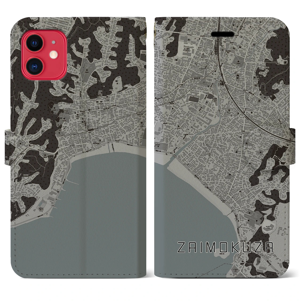 【材木座(神奈川県)】地図柄iPhoneケース(手帳タイプ)モノトーン・iPhone 11 用