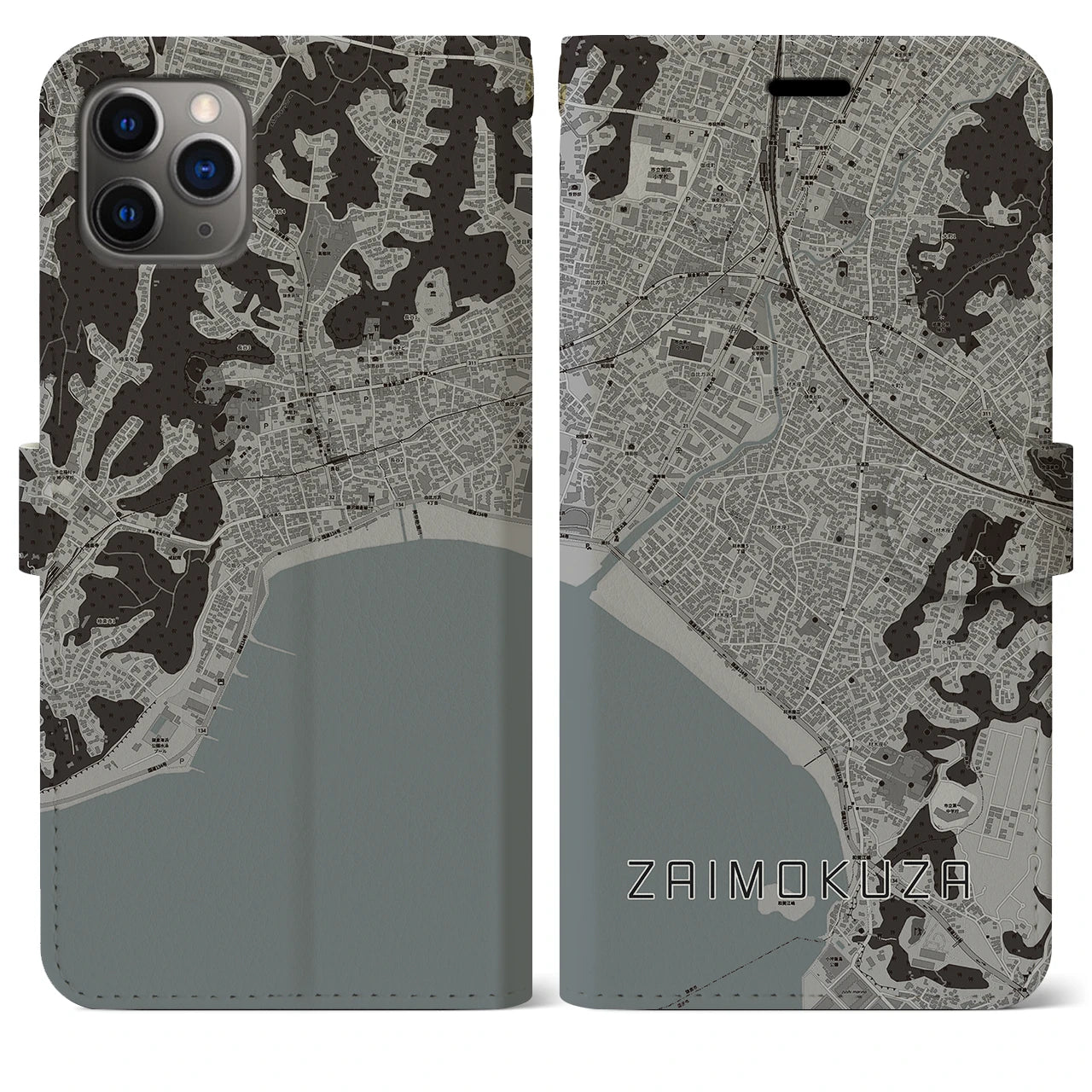 【材木座(神奈川県)】地図柄iPhoneケース(手帳タイプ)モノトーン・iPhone 11 Pro Max 用