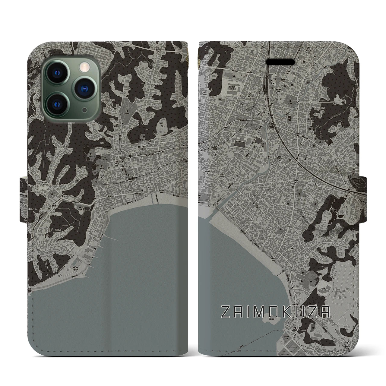 【材木座(神奈川県)】地図柄iPhoneケース(手帳タイプ)モノトーン・iPhone 11 Pro 用