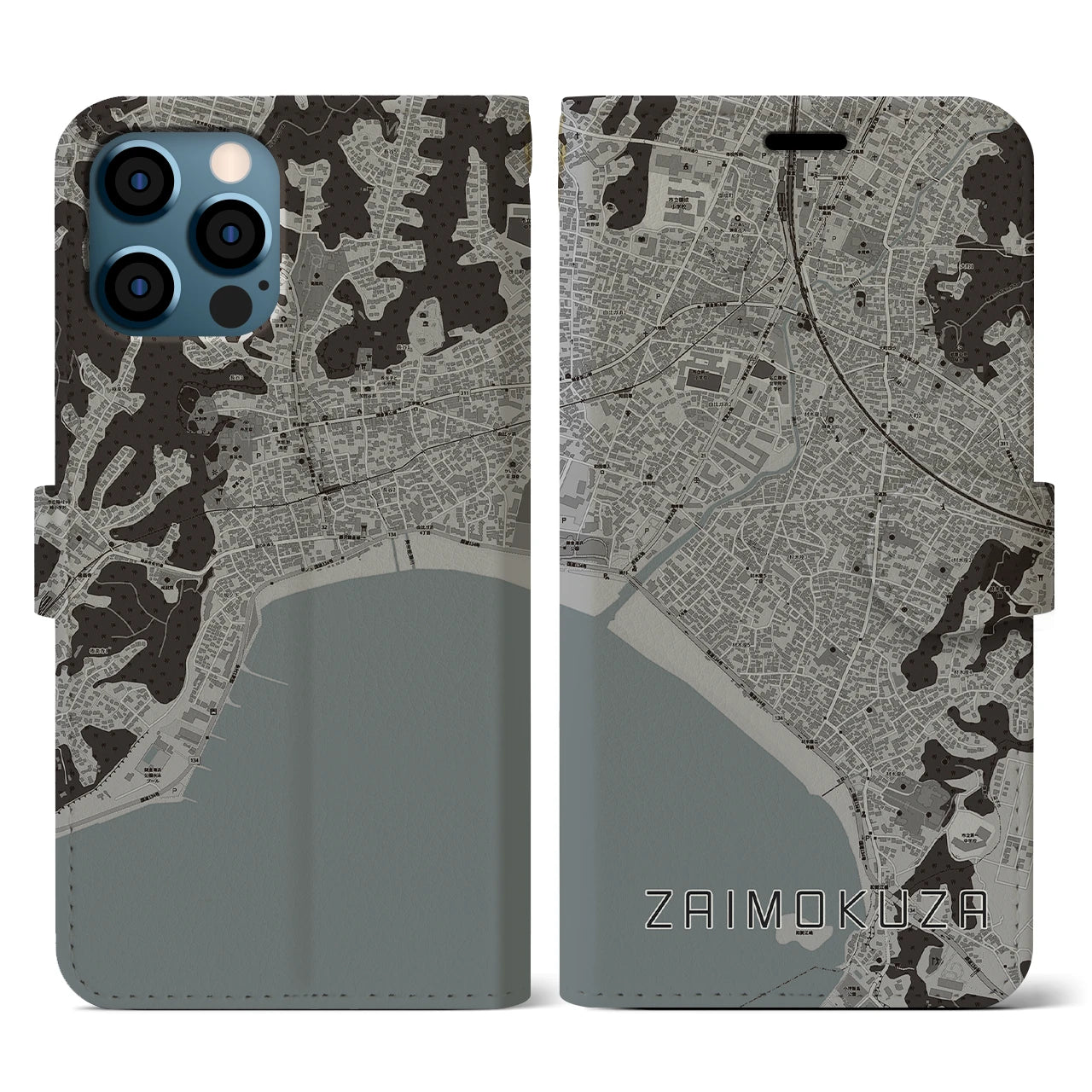 【材木座(神奈川県)】地図柄iPhoneケース(手帳タイプ)モノトーン・iPhone 12 / 12 Pro 用