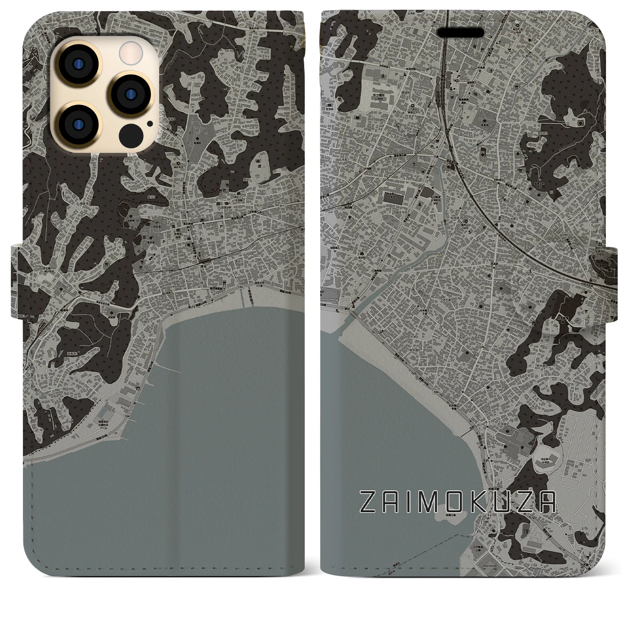 【材木座(神奈川県)】地図柄iPhoneケース(手帳タイプ)モノトーン・iPhone 12 Pro Max 用