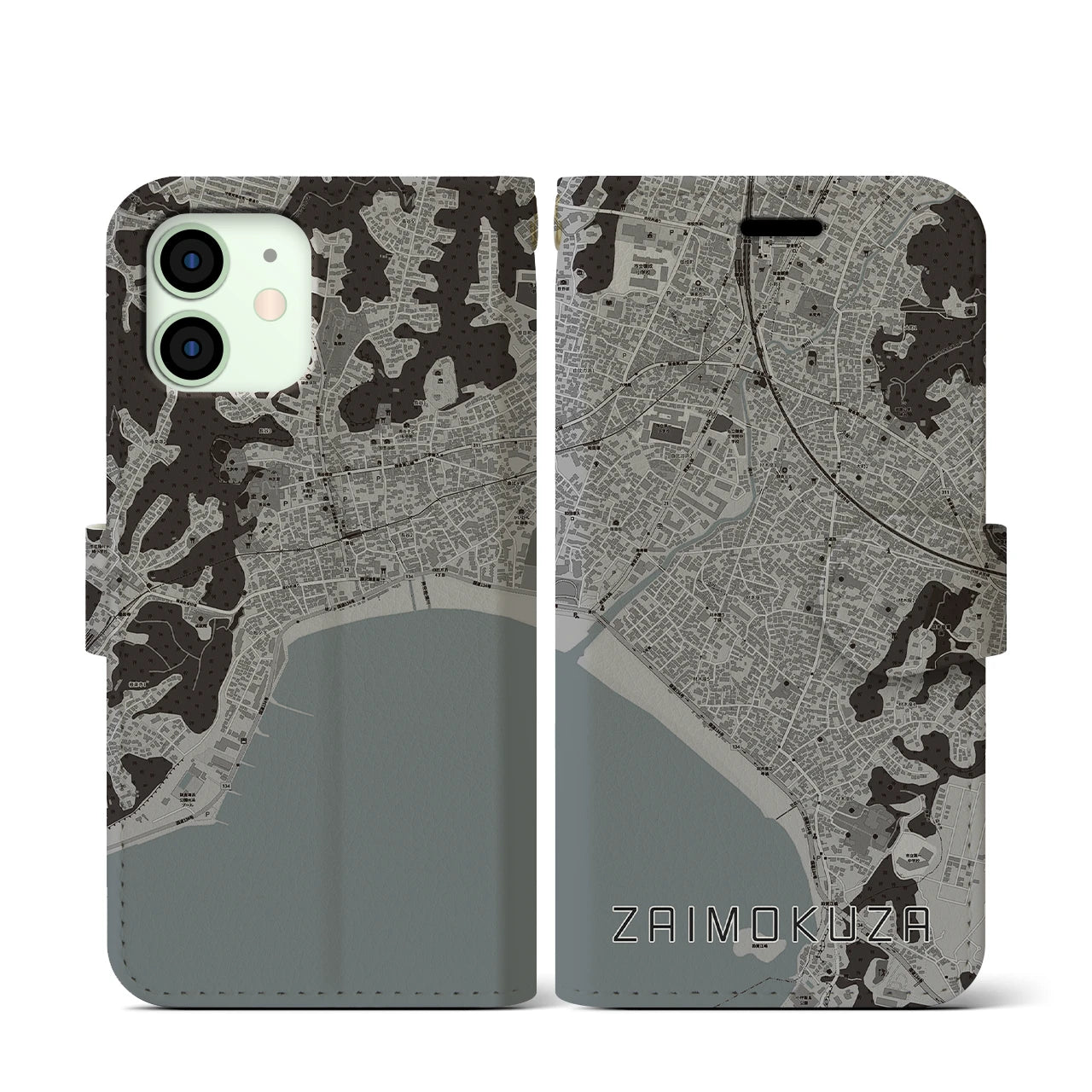 【材木座(神奈川県)】地図柄iPhoneケース(手帳タイプ)モノトーン・iPhone 12 mini 用