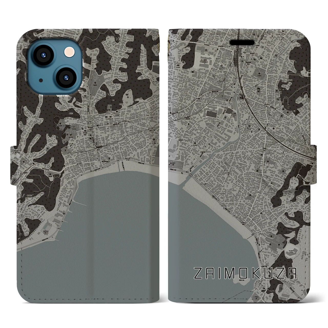 【材木座(神奈川県)】地図柄iPhoneケース(手帳タイプ)モノトーン・iPhone 13 用