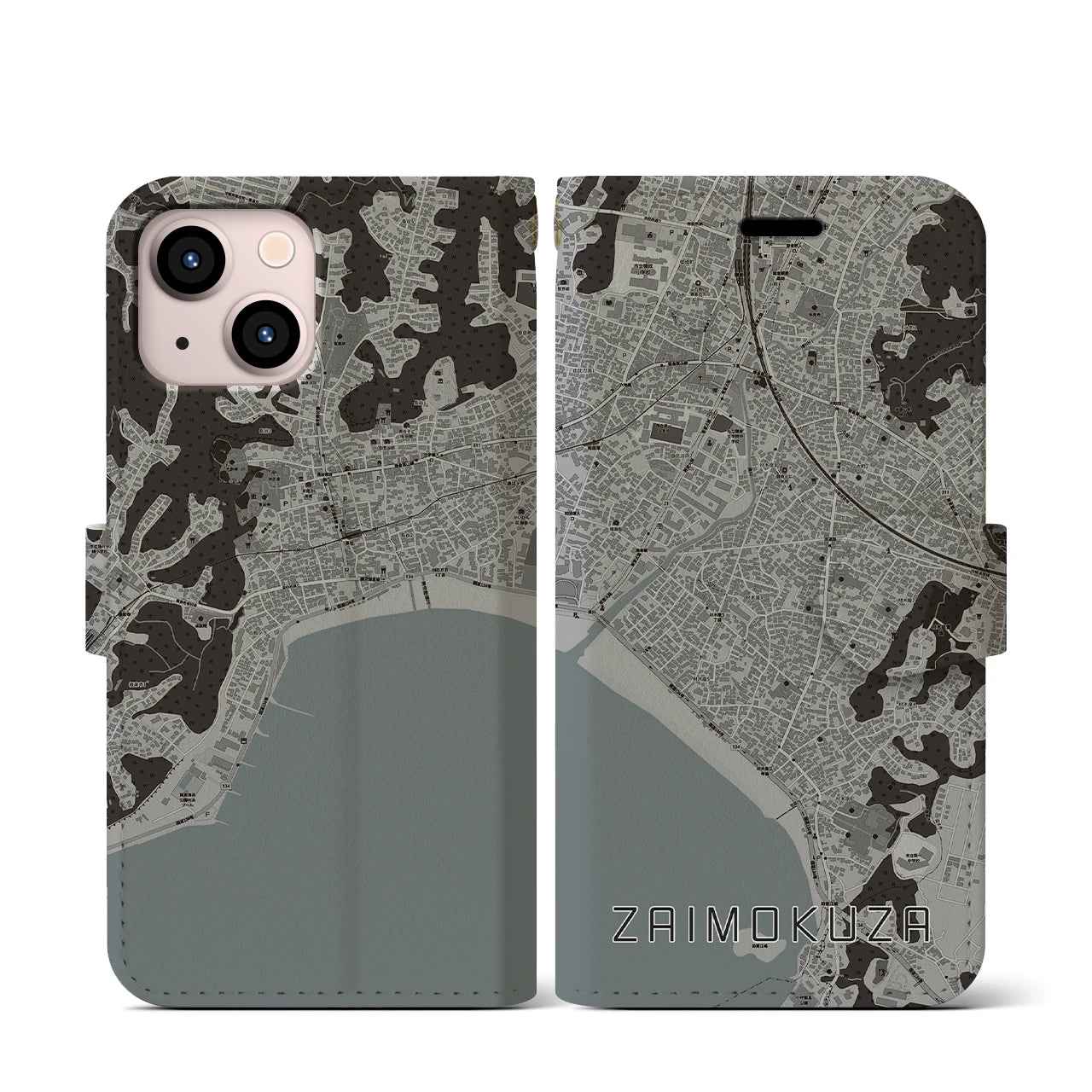 【材木座(神奈川県)】地図柄iPhoneケース(手帳タイプ)モノトーン・iPhone 13 mini 用