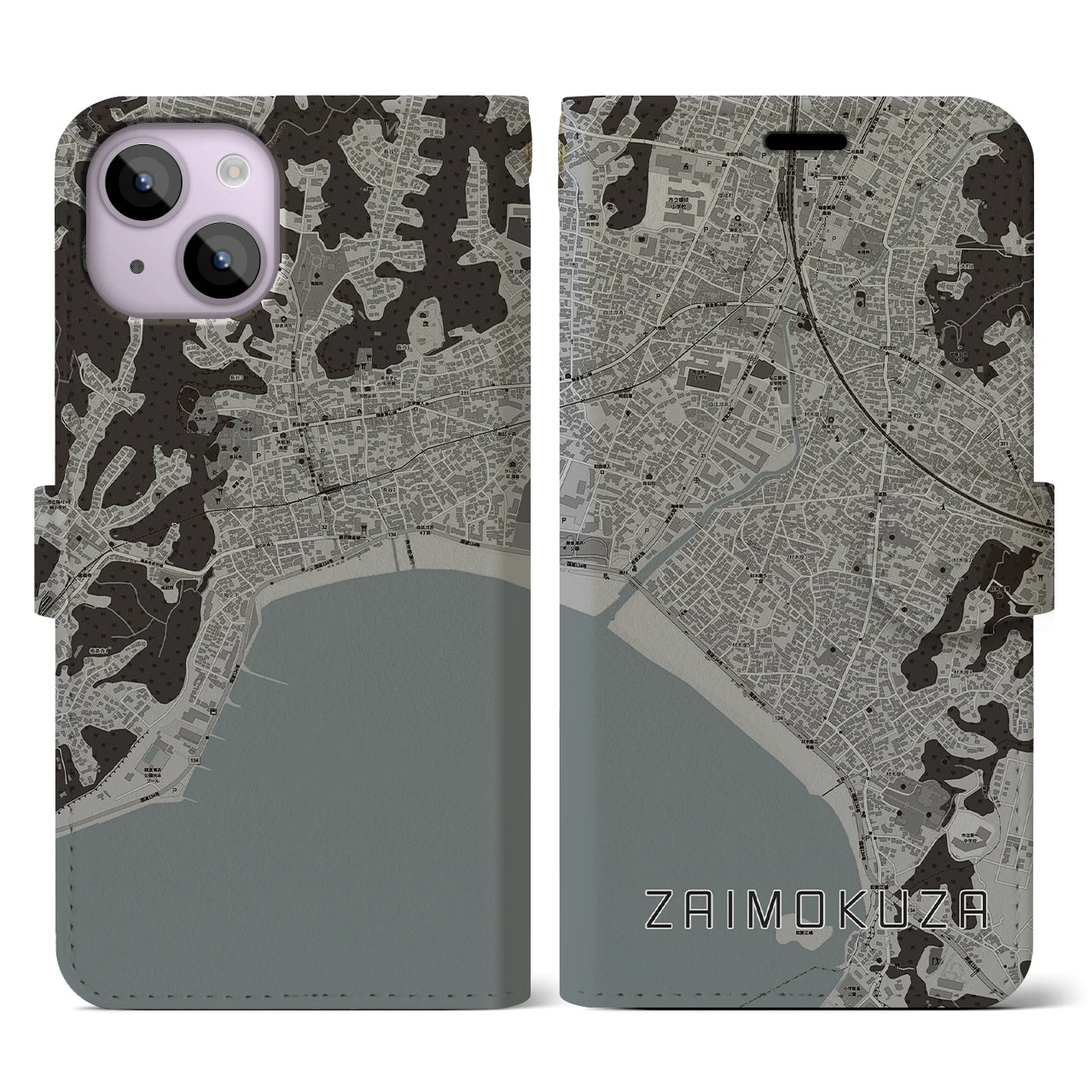 【材木座(神奈川県)】地図柄iPhoneケース(手帳タイプ)モノトーン・iPhone 14 用