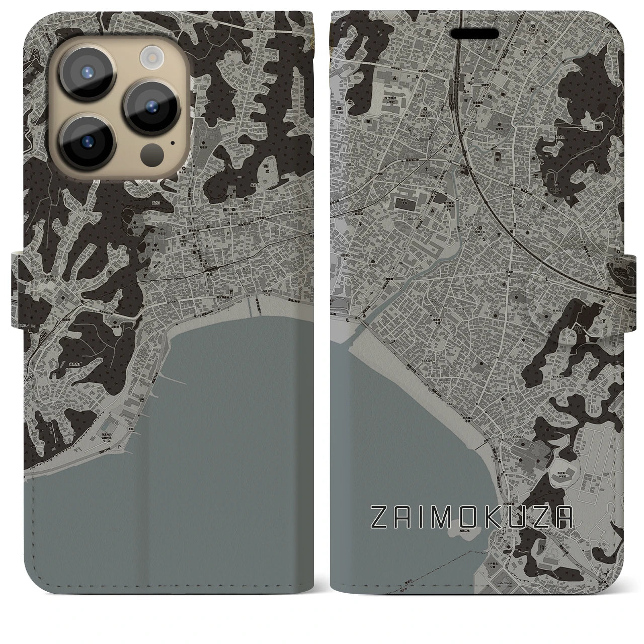 【材木座(神奈川県)】地図柄iPhoneケース(手帳タイプ)モノトーン・iPhone 14 Pro Max 用