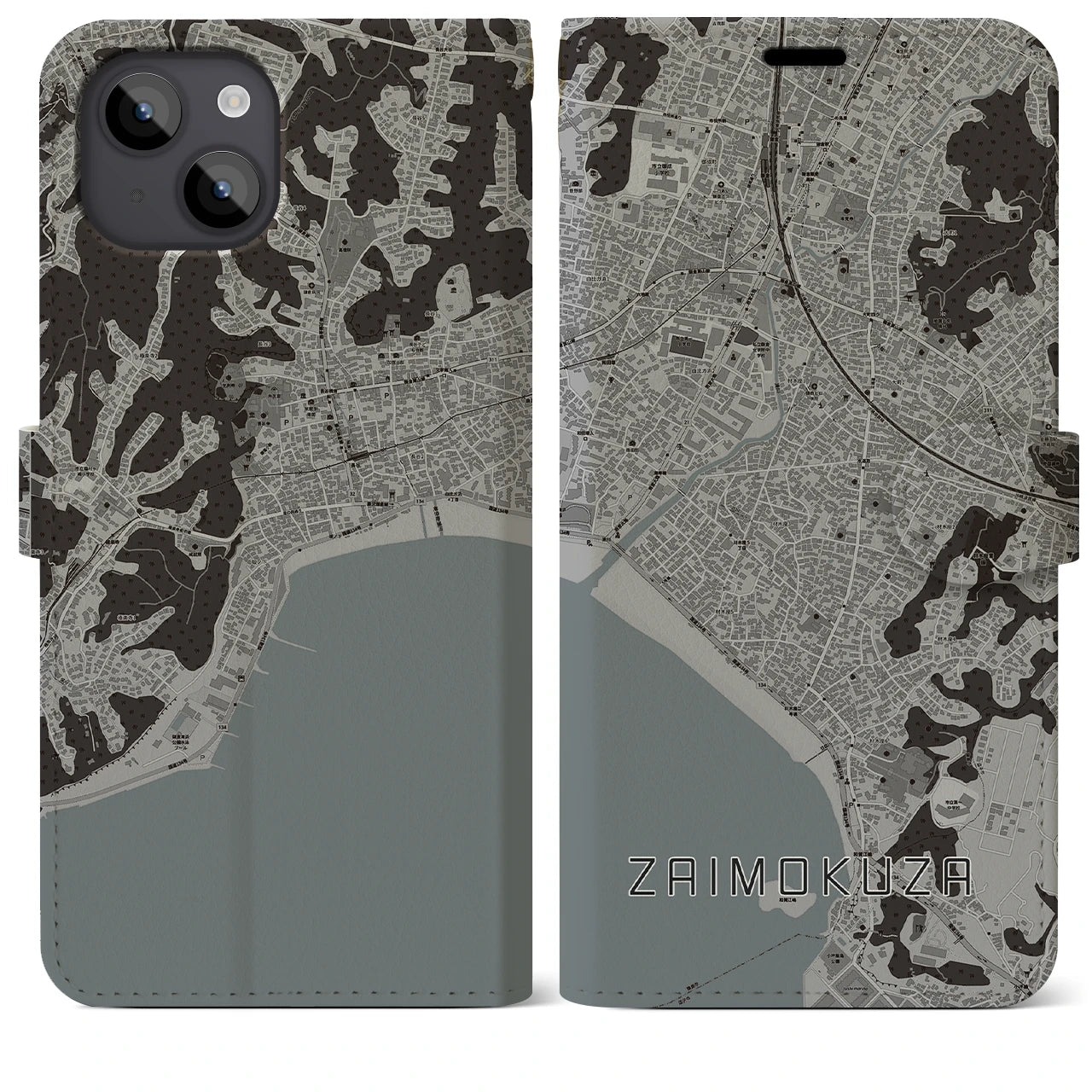【材木座(神奈川県)】地図柄iPhoneケース(手帳タイプ)モノトーン・iPhone 14 Plus 用